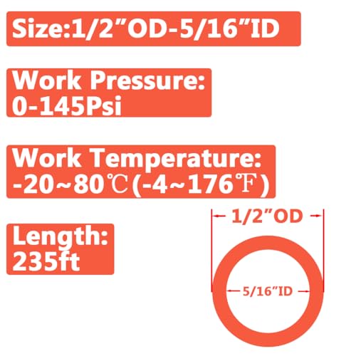 Pneumatic 1/2" OD Tubing 235Ft PU Air Tube Hose Pipe for Air Line or Water Transfer (Orange)