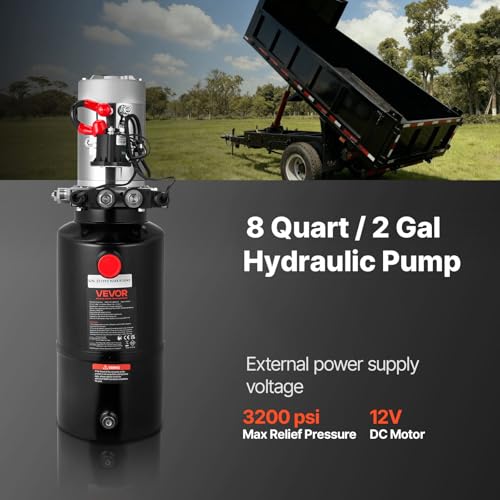 VEVOR 8 Quart Hydraulic Power Unit, Double Acting Dump Trailer Pump, 3200 PSI Max Relief Pressure & 0.91 GPM Flow Rate, DC 12V Hydraulic Pump with Metal Reservoir for Dump Trailer Car Lifting