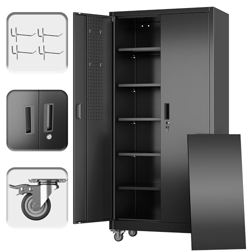 Reemoon Metal Storage Cabinet 71" H x 34" W x 18" D with Wheels & Pegboard - color: Black, size: 18"D x 34"W x 71"H