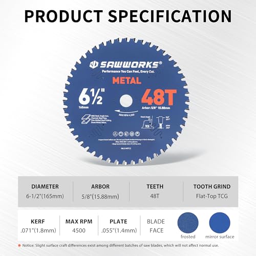 SawWorks 6-1/2 Inch 48T TCG Circular Saw Blade for Metal Cutting - size: 6-1/2" 48T Metal