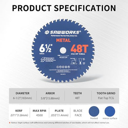 SawWorks 6-1/2 Inch 48T TCG Circular Saw Blade for Metal Cutting - size: 6-1/2" 48T Metal