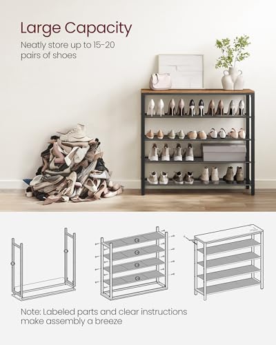VASAGLE 5-Tier Shoe Rack, 16-20 Pairs, Metal Mesh - color: Rustic Brown, size: 5 Tiers (11.8"D x 39.4"W)