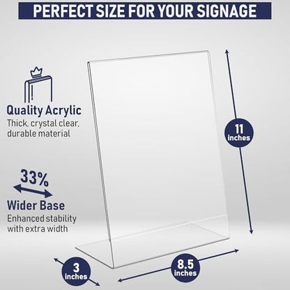 Acrylic Sign Holder 8.5 x 11, Slant Back Display Stand, A-Frame Flyer Display for Office, Menu Holder, and Table Signs. Acrylic Stands for Paper and Sign Frame, Perfect for Tabletop Use (6 Pack)
