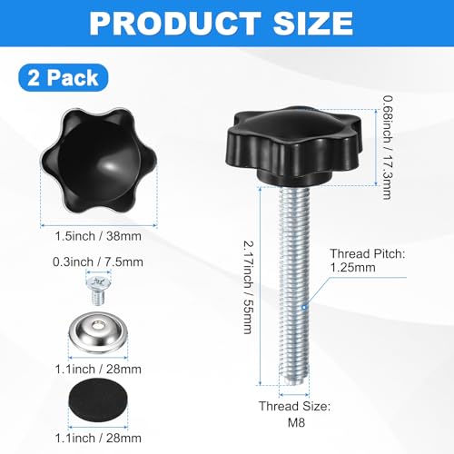 M METERXITY 2-Pack Star Handle Hand Screws, M8x55mm Carbon Steel Thread Star Clamping Knobs with Screws, Pressure Plate and Rubber Pad for Woodworking/Mechanical Equipment [Black] - size: M8 x 55mm