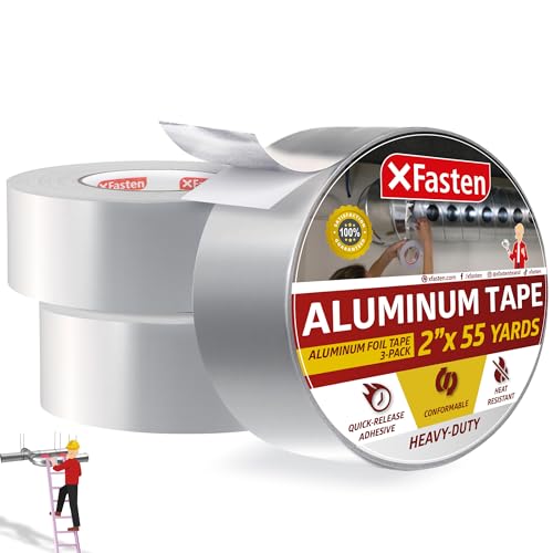 XFasten Aluminum Foil Tape for Ductwork 2 Inches x 165 Feet (3-Pack, 495 Feet) 3.6mil Aluminum Tape for Ductwork Heavy Duty Dryer Vent Tape Foil and Seal HVAC Tape for Ducts, High Temp HVAC Duct Tape - size: 2 Inch x 55-Yards 3-Pack (495 Feet)