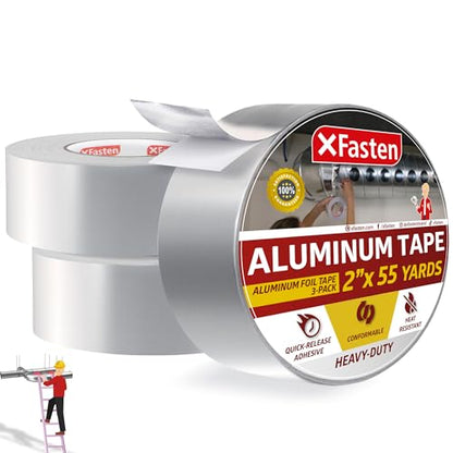 XFasten Aluminum Foil Tape for Ductwork 2 Inches x 165 Feet (3-Pack, 495 Feet) 3.6mil Aluminum Tape for Ductwork Heavy Duty Dryer Vent Tape Foil and Seal HVAC Tape for Ducts, High Temp HVAC Duct Tape - size: 2 Inch x 55-Yards 3-Pack (495 Feet)