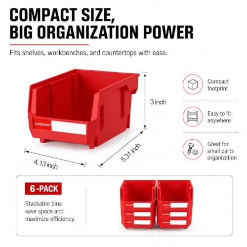 6 Pack Stackable Plastic Parts Bins, 5x4x3 in, Red - color: Red-6 Pack, size: 5"x4"x3"