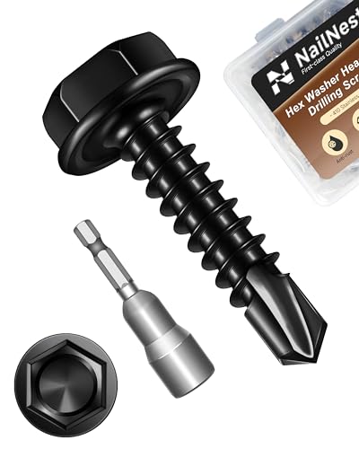 100PCS #8 x 3/4" Self Drilling Screws, Black Self Tapping Screws for Metal, 410 Stainless Steel Hex Washer Head Sheet Metal Screw, Quick Tapping with 7mm Hex Socket - color: Black, size: #8 x 3/4"