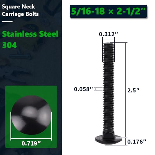 10 Sets 5/16-18 x 2-1/2" Carriage Bolts and Nuts & Flat Washers, 304 Stainless Steel 18-8, Black Coated, Heavy Duty Bolts for Home & Machinery Assembly & Repair, Automobile, by RoyceMart - size: 5/16-18 x 2-1/2"
