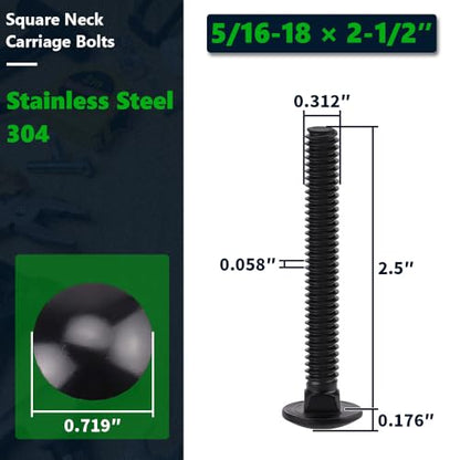 10 Sets 5/16-18 x 2-1/2" Carriage Bolts and Nuts & Flat Washers, 304 Stainless Steel 18-8, Black Coated, Heavy Duty Bolts for Home & Machinery Assembly & Repair, Automobile, by RoyceMart - size: 5/16-18 x 2-1/2"
