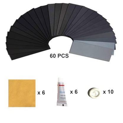 Extra Fine Sand Paper 120 to 20000 High Grit, 60 PCS Sandpaper Sheets with 10 Finger Cots, 6 Polishing Pastes, Assorted Wet Dry Sandpaper Assortment, for Car Wood Metal Furniture 9.1 x 3.6'' (60 PCS) - style: 60PCS