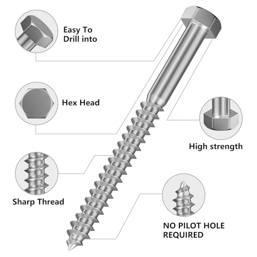 Wensilon Lag Screws Wood Screws,(52PCS, 1/4" x2-1/2, Silver) Hex Head Lag Bolts,(6x65) Heavy Duty Lag Screws,304 Stainless Steel Bolts 18-8 - color: Silver, size: 1/4"x2-1/2