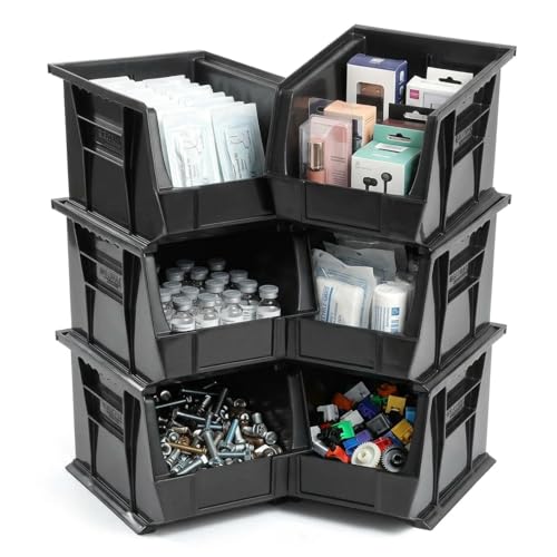 Quantum Storage QUS239 Heavy-Duty Stackable Plastic Storage Bins for Workshop, Warehouse & Garage, Ultra Stack & Hang, 10-3/4" x 8-1/4" x 7", Black, 6-Pack - color: Black