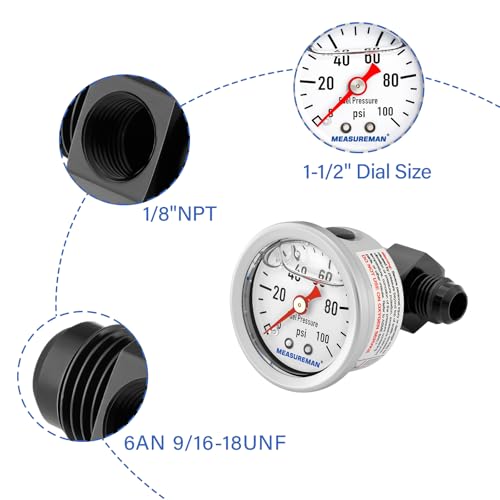MEASUREMAN 0-100Psi Stainless Steel Glycerin Filled Fuel Pressure Gauge, 1-1/2" Dial Size, with 6AN Fuel Pressure Take Off Fitting Adapter Aluminum, 1/8" NPT Center Back Mount - size: 0-100 psi, style: Back Mount 6AN Adapter