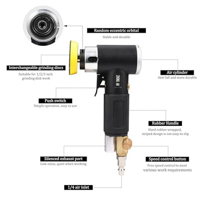 2 3-inch Mini Orbital Sander da sander Air Dual Action Sander Air Polisher Super Smooth and Swirl Freely High Speed for Auto Body Work with 20 PCS Sanding Discs (BLACK) - color: Black+sanding Discs