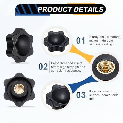 HARFINGTON Star Knob M10 Female Thread 38mm Head Brass Insert Black 3pcs - color: Black, size: M10 x 38mm