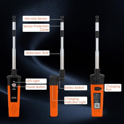 Hotwire Anemometer Handheld for Air Celocity, in-Duct Airflow and Temperature, HVAC Wind Speed Meter with Revolve Telescopic Probe, Bluetooth App, Digital Air Flow Meter CFM Meter GR-9100A