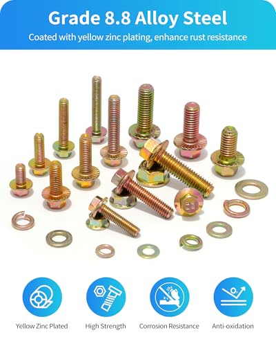 450PCS Metric Grade 8.8 Flange Bolts and Nuts Assortment Kit, M5 M6 M8 Hex Cap Flange Hex Bolts Flange Nuts Assorted Set, Yellow Zinc Plated, Length from 12-30mm (450Pcs M5 M6 M8) - size: M5/M6/M8 Yellow