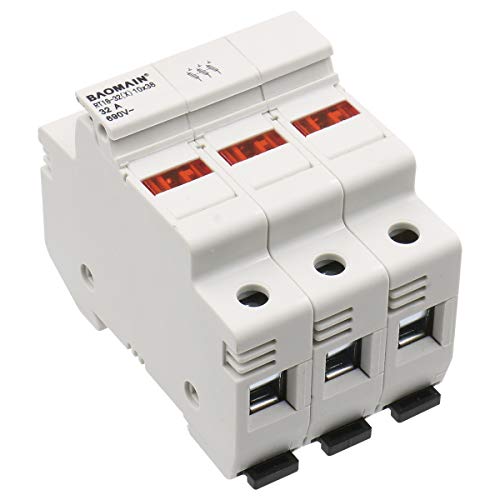 BAOMAIN 3P 600V 30A DIN Rail Fuse Holder for 10x38mm Fuses,UL White