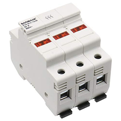 BAOMAIN 3P 600V 30A DIN Rail Fuse Holder for 10x38mm Fuses,UL White