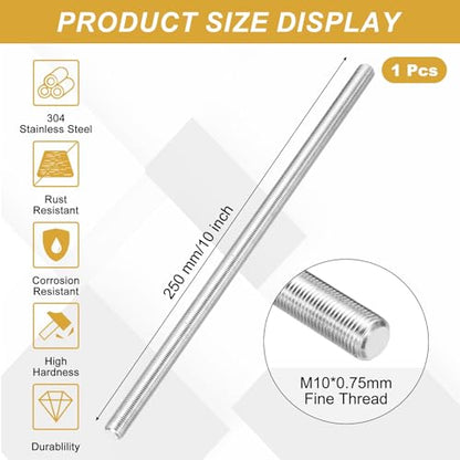 uxcell Fully Threaded Rod M10 x 0.75mm Pitch 250mm/10 inch Threaded - size: M10x0.75mmx250mm