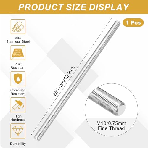 uxcell Fully Threaded Rod M10 x 0.75mm Pitch 250mm/10 inch Threaded - size: M10x0.75mmx250mm