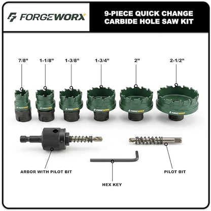 9-Piece Carbide Hole Saw Kit - Quick Change, Tungsten Carbide Cutting Teeth, Heavy Duty Hole Saw for Electricians and Professionals (Hole Saw Kit) - size: 9-Piece Set