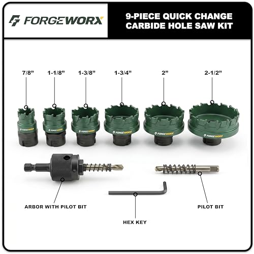 9-Piece Carbide Hole Saw Kit - Quick Change, Tungsten Carbide Cutting Teeth, Heavy Duty Hole Saw for Electricians and Professionals (Hole Saw Kit) - size: 9-Piece Set