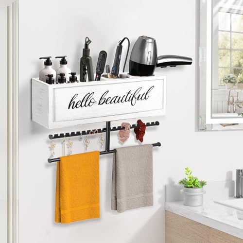 Rustic Hair Dryer Holder Wall Mounted,Hair Styling Tools & Accessories Organizer,Bathroom Supplies & hot Tools vanities Organizer Caddy,for Storage Flat Iron,Blow Dryer,Curling Iron (White) - color: White