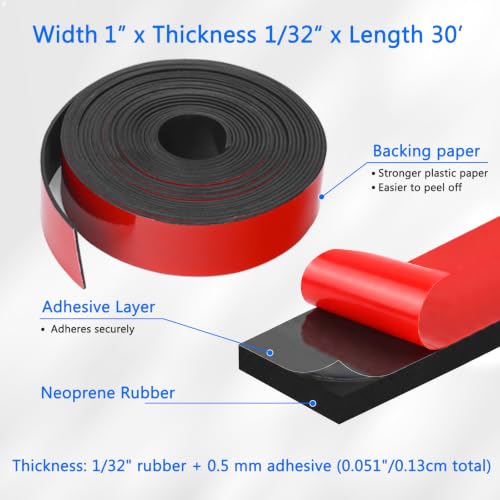 WochiTV Adhesive Solid Rubber Strips, 1" Wide x 1/32" Thick x 360" Long Self Stick Black Neoprene Rubber Rolls Perfect for DIY Insulation Cushion Gasket, Sealing, Liner, Weather Striping - size: 1" W X 360" L, style: 1/32" Thick Adhesive