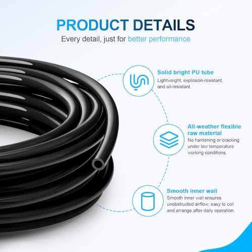 Black PU Air Hose, 12mm OD 8mm ID, 50FT - color: Black, size: 12mm OD x 50FT