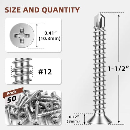 #12 x 1-1/2" Flat Head Sheet Metal Self Tapping Screws, 50 PCS - color: Silver, size: #12 x 1-1/2"