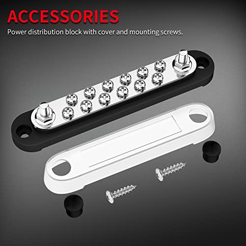 DaierTek 12V Power Distribution Block 2 x 1/4" (M6) Terminal Studs 12 x M4 (#8) Terminal Screws Battery Bus Bar Terminal Block Max 48V Positive & Negative Busbar for Automotive Car Boat - color: 150A-T2M6S12