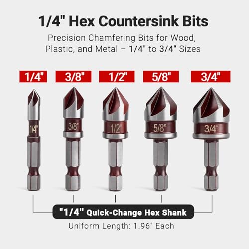 5 Pcs Countersink Drill Bit Set, 82-Degree HSS Drill Bit(1/4" to 3/4"), Quick Change Hex Shank, 5 Flute Premium Countersink Bits for Wood, Metal, Plastic – Durable & Rust-Resistant