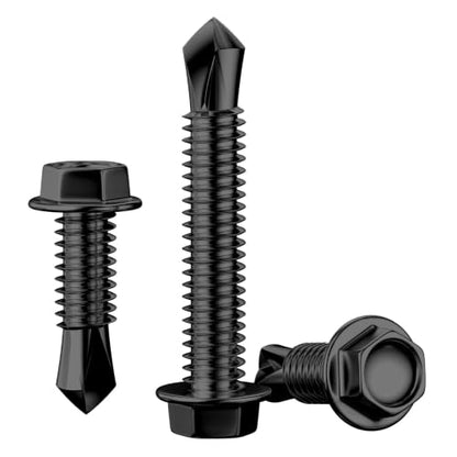 Wensilon (200Pcs)#10×1-1/4" Black Hex Washer Head Self Drilling Screws, 410 Stainless Steel Metal SheetScrews，TEK Screws, Sheet Metal Self Tapping Screws - color: Black, size: #10x1-1/4"