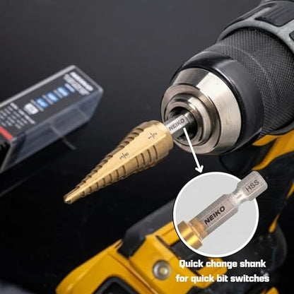 NEIKO 10616A Step Drill Bit, 2 Steps 3/8" to 1/2" Straight High Speed Steel, Titanium Nitride Coated, 1/4" Quick Change Step Bits for Steel, Metal, Wood, Plastic, Unibit Cone Drill Bits, Two Flute - size: #6 (3/8 - 1/2", 2S), style: Straight