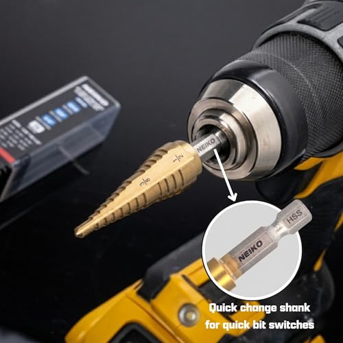 NEIKO 10620A Step Drill Bit, 1 Step 7/8" Straight High Speed Steel, Titanium Nitride Coated, 1/4" Quick Change Step Bits for Steel, Metal, Wood, Plastic, Unibit Cone Drill Bits, Two Flute - size: #7 (7/8", 1S), style: Straight