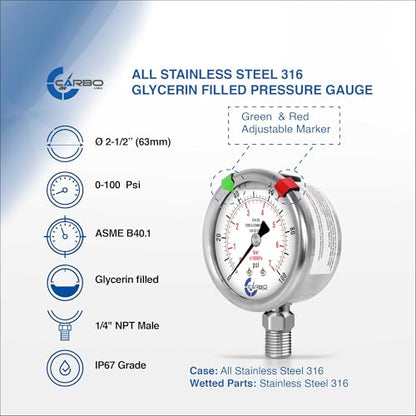 Carbo 100 PSI Liquid Filled Pressure Gauge with NIST Traceable Certificate, Calibrated in USA Lab, 2.5" Dial, 1/4 NPT Lower Mount, ASME Grade A, 316 SS Case, 316 SS Wetted Parts, PSI/Bar - size: 0-100 PSI, style: NIST TRACEABLE