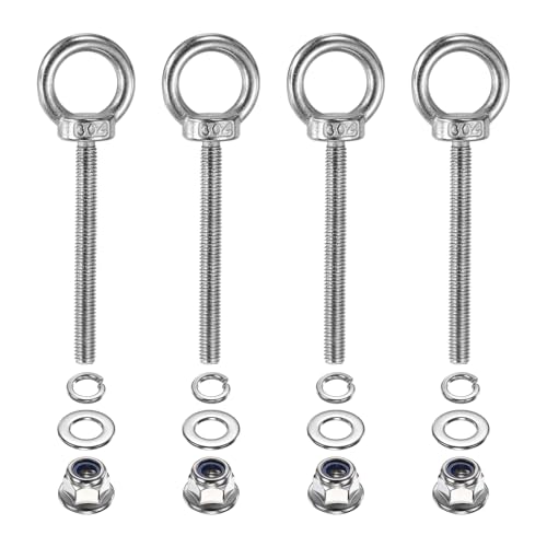 PATIKIL M6 x 60mm Shoulder Eye Bolt, 4 Pcs 304 Stainless Steel Lifting Ring Threaded Eye Bolt with Flange Lock Nuts Spring and Flat Washers for Hanging Tie Down Straps Outdoor Indoor - size: M6 x 60mm