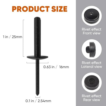 ALLCLEAN 80pcs All Black Large Flange Rivets,3/16 * 1" Open End Aluminum Blind Rivets,4.8 * 2 5Pop Blind Rivet - color: ALL Black, size: 3/16"*1"