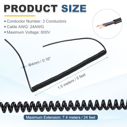 MECCANIXITY 5ft 24AWG Retractable Coiled Coil Cord 300V 105℃ 3 Conductor - size: 5ft x 24AWG, 3 Conductor