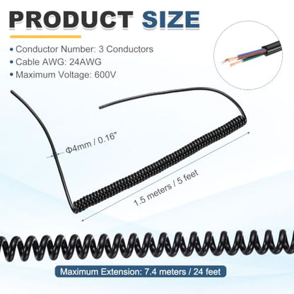 MECCANIXITY 5ft 24AWG Retractable Coiled Coil Cord 300V 105℃ 3 Conductor - size: 5ft x 24AWG, 3 Conductor