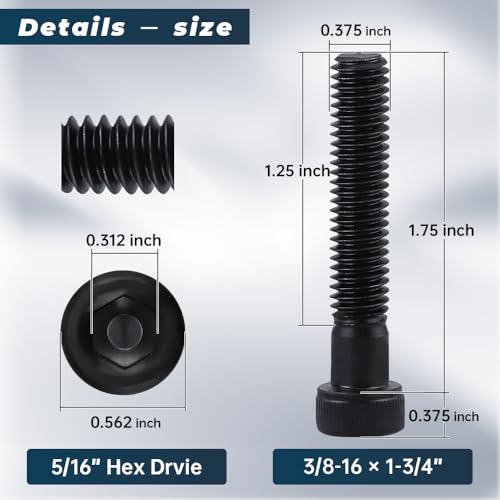Glvaner 10-Pack 3/8-16 x 1-3/4" Socket Head Cap Screws, Grade 12.9 Alloy Steel, Black Oxide Finish, Full Thread UNC, Allen Hex Drive - size: 3/8-16 x 1-3/4"