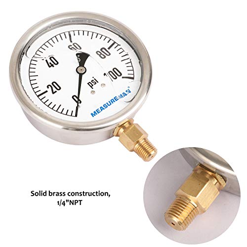 MEASUREMAN 4" Dial Size, Glycerin Filled Plumbing Pressure Gauge, 0-100psi, Stainless Steel Case, 1/4" NPT Lower Mount - size: 0-100psi
