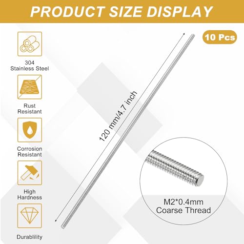 uxcell 10Pcs Fully Threaded Rod M2 x 0.4mm Pitch 120mm/5 Inch Threaded - size: M2x0.4mmx120mm