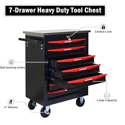 Rolling Tool Chest,Stainless Steel Worktop,Black,7‑Drawer - color: Black, size: 7-Drawers
