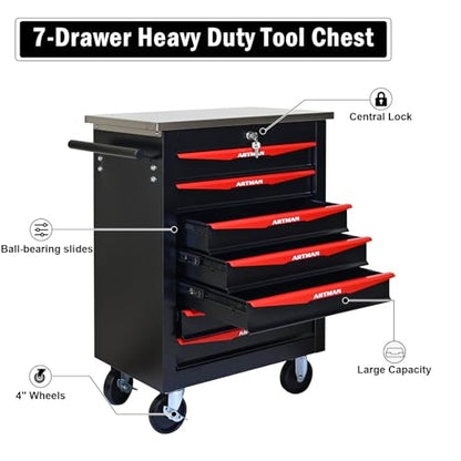 Rolling Tool Chest,Stainless Steel Worktop,Black,7‑Drawer - color: Black, size: 7-Drawers