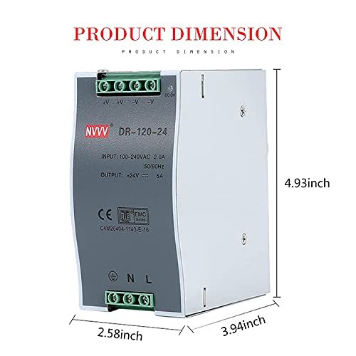 Dr-120-24 Ac to Dc Din-Rail Power Supply, 24v, 5 Amp, 120w, Operating Temp, Overload Protection, Metal, Silver+Grey - size: 24V 120W