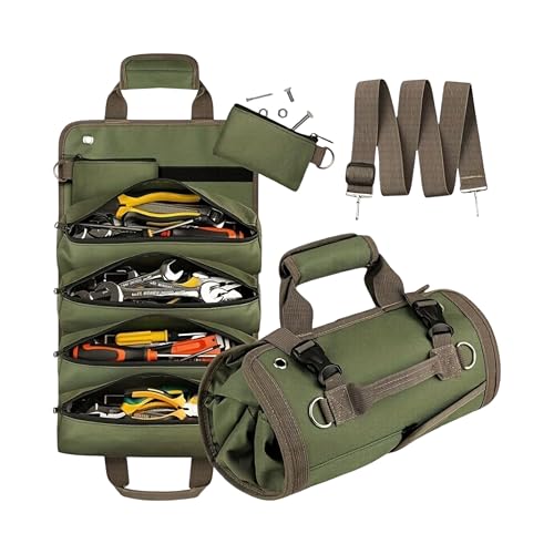 Tool Bag Roll Up Heavy Duty Portable Soft Tool Storage, Foldable Empty Rollup Organizer with Small Pockets Official Rollable Toolbag, Valentines Day Gifts for Him Dad Men Mechanic Welding Green