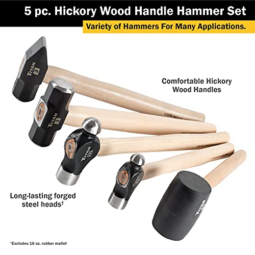 Titan 85070 5-Piece Hammer Set, Includes 16oz & 32oz Ball Pein, 16oz Rubber Mallet, 3lb Sledgehammer & 3lb Cross Pein with Hickory Wood Handles